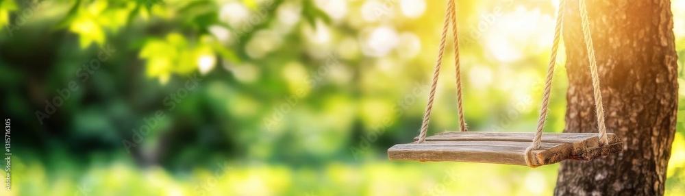 Obraz premium A serene wooden swing hangs from a tree, surrounded by lush greenery and warm sunlight, evoking a peaceful, nostalgic vibe.