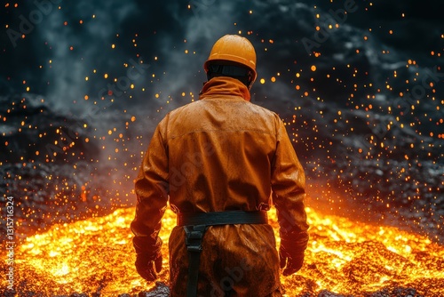An intense scene at a metallurgy factory showcasing molten metal being poured into molds. Machinery and workers engaged in the process.