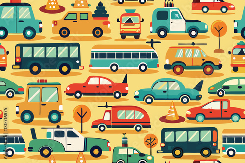 A vibrant arrangement of cars, buses, and trucks displayed in a playful pattern for printing purposes, Repeating image with vehicles for printing on paper or fabric