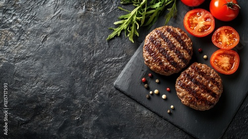 Grilled Patties with Fresh Tomatoes on a Slate Serving Board
