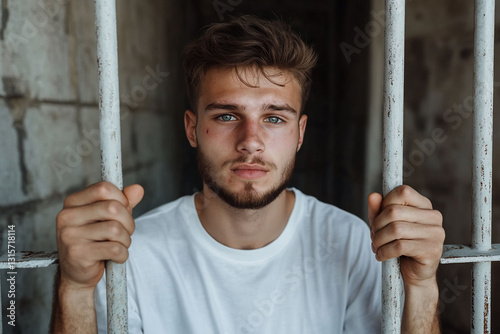 Young Man Behind Bars Serious Portrait
