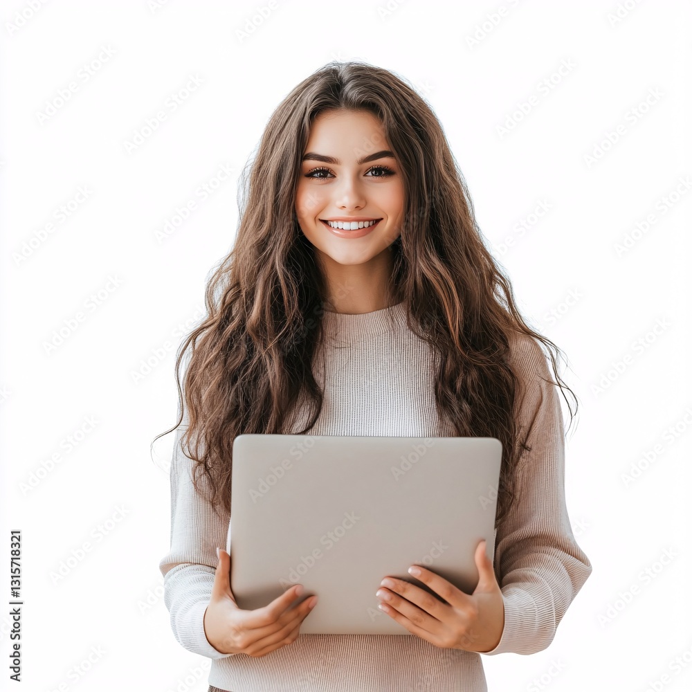 Smiling young girl joyfully holding a laptop in her hands Smiling young girl joyfully holding a laptop in her hands