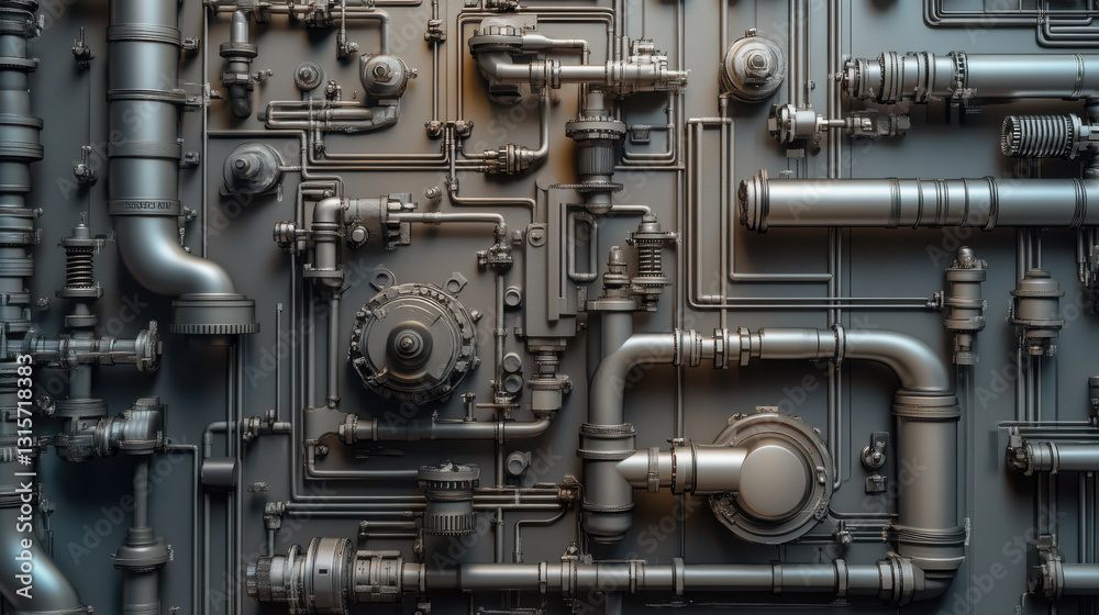 A complex network of industrial tubing and pressure regulators, assembled with meticulous craftsmanship, forming an abstract yet functional mechanical artwork A complex network of industrial tubing and pressure regulators, assembled with meticulous craftsmanship, forming an abstract yet functional mechanical artwork