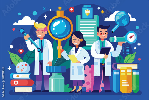 Three researchers work collaboratively in a colorful lab, focusing on customizable illustrations for their study, Researchers Customizable Disproportionate Illustration