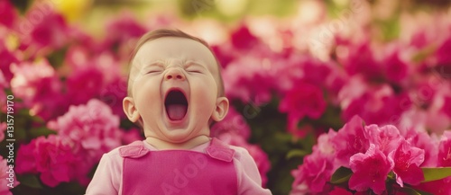 A joyful baby yawns surrounded by vibrant pink flowers, capturing a moment of innocence and tranquility in nature.