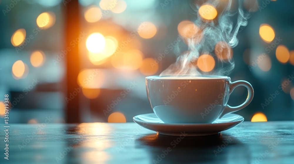 Warm coffee cup, steaming, cafe window, bokeh