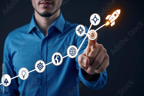 Startup Business Growth and  Investment concept.  Businessman is  Planning, and growing business with  Rocket icon soars with speed to hit the growth target