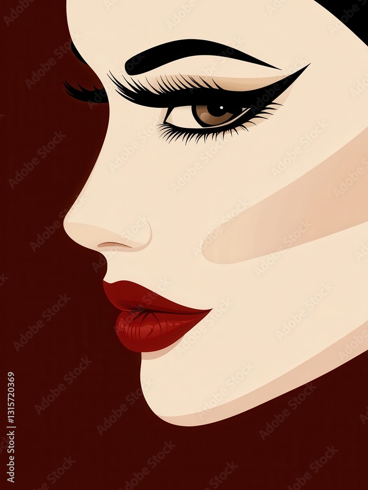 Close-up stylized illustration of a woman's eye and lips with dramatic eyeliner Close-up stylized illustration of a woman's eye and lips with dramatic eyeliner