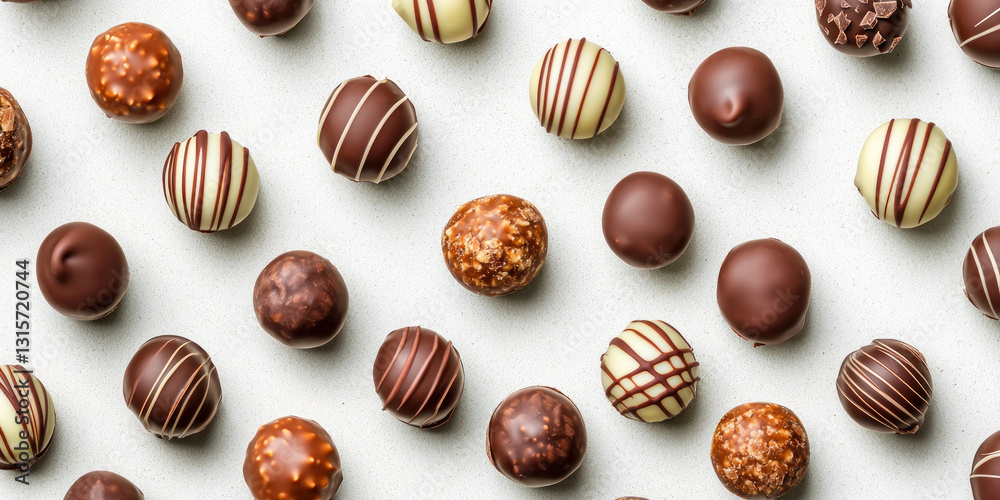 Assorted Belgian chocolate truffles on white background, rich and smooth Assorted Belgian chocolate truffles on white background, rich and smooth