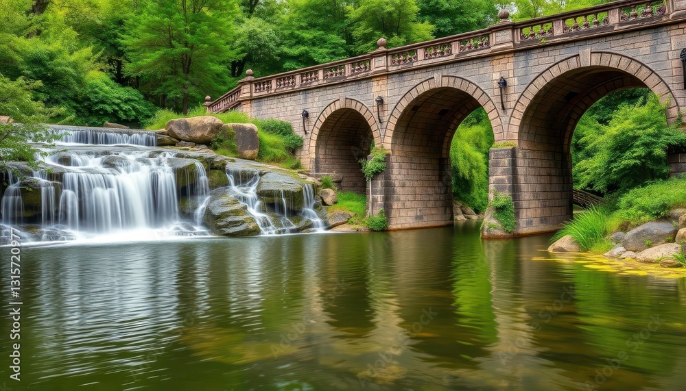 Cascading waterfall, historic stone bridge, tranquil pond, vibrant green foliage, texture, calm Cascading waterfall, historic stone bridge, tranquil pond, vibrant green foliage, texture, calm