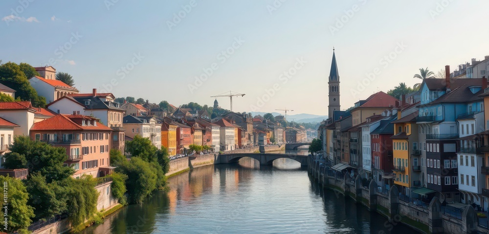 Fototapeta premium Charming riverside city, close-knit buildings, peaceful, architecture
