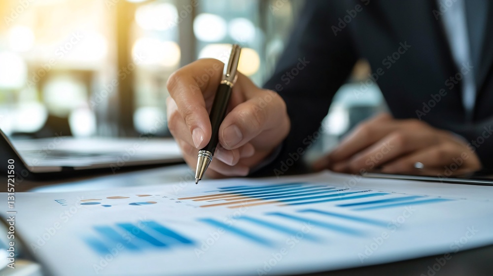 Businessperson Analyzing Financial Data with Pen during Meeting Businessperson Analyzing Financial Data with Pen during Meeting