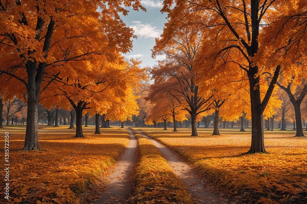 Naklejka premium Tranquil Autumn Park Landscape with Amber Trees and Scenic Path