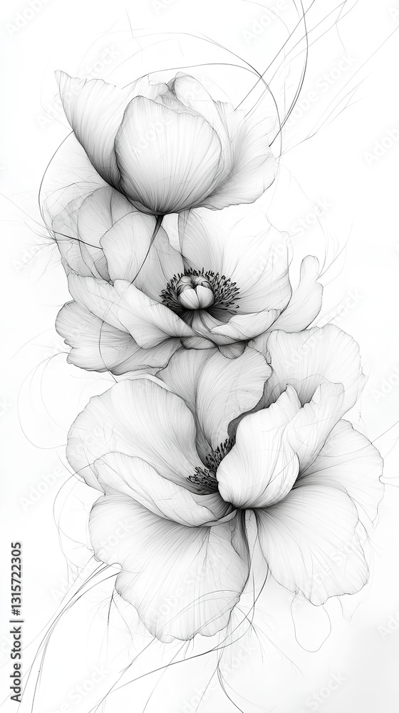 Obraz premium A delicate black and white floral sketch of blooming flowers, capturing fine details and artistic elegance