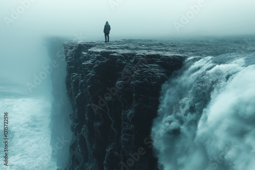 A lone figure gripping a rock ledge as hurricane-force winds rage around them 
