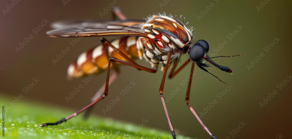 Close-up mosquito, proboscis visible, West Nile virus risk, pandemic, vector Close-up mosquito, proboscis visible, West Nile virus risk, pandemic, vector