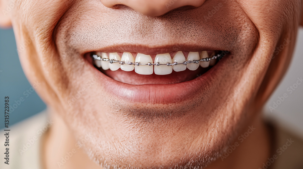 Fototapeta premium クローズアップ - 落ち着いた笑顔の男性の口元と歯列矯正