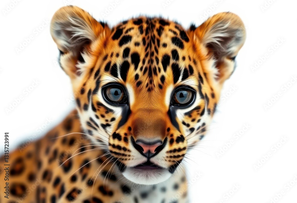Fototapeta premium Close-up of a young leopard cub's face against a pure white backdrop, spot, leopard cub
