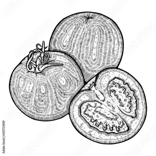 Three-Piece Tomato Line Art Vector Illustration