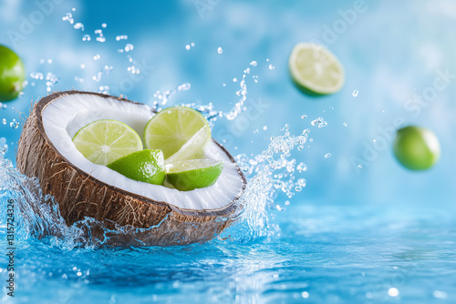 A coconut with water splashing on it and some limes floating around, tropical background