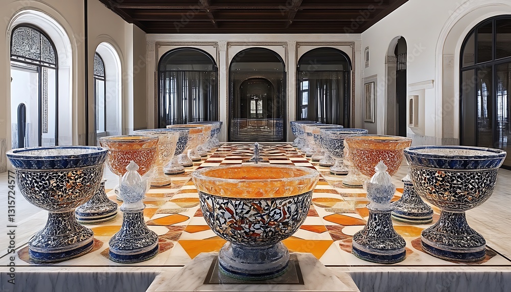 Fototapeta premium Artistic glassware display centered in a refined architectural interior space