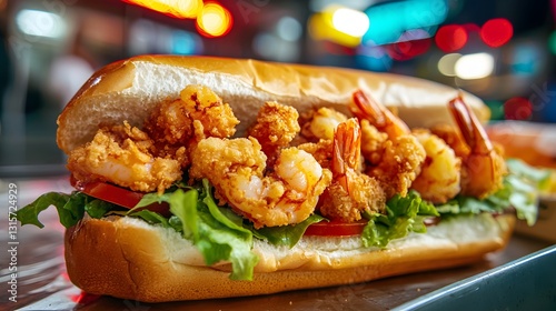 close-up of a po'boy sandwich with golden shrimp and fresh veggies.