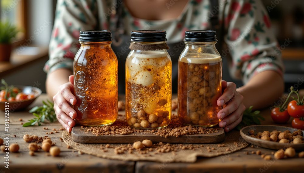 Homemade preserves in jars, showcasing various ingredients and textures. warm colors and rustic setting evoke sense of comfort and creativity in food storage Homemade preserves in jars, showcasing various ingredients and textures. warm colors and rustic setting evoke sense of comfort and creativity in food storage