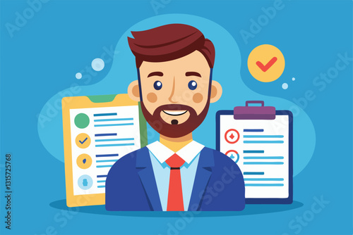 A cartoon illustration of a smiling man in a suit surrounded by paperwork and checklists, Resume Customizable Cartoon Illustration
