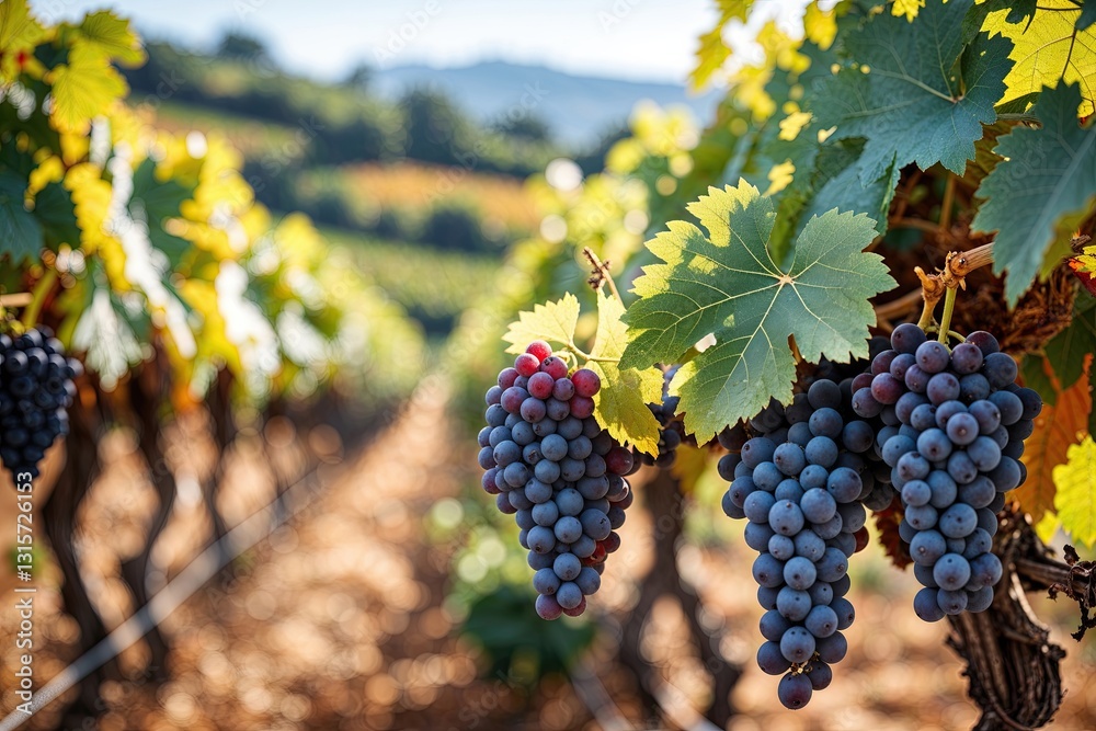 Naklejka premium Charming Vineyard Landscape with Ripe Grapes in a Bountiful Harvest Background