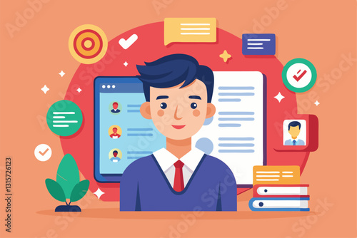 A person designs a resume on a computer surrounded by communication elements and study materials, Resume Customizable Flat Illustration