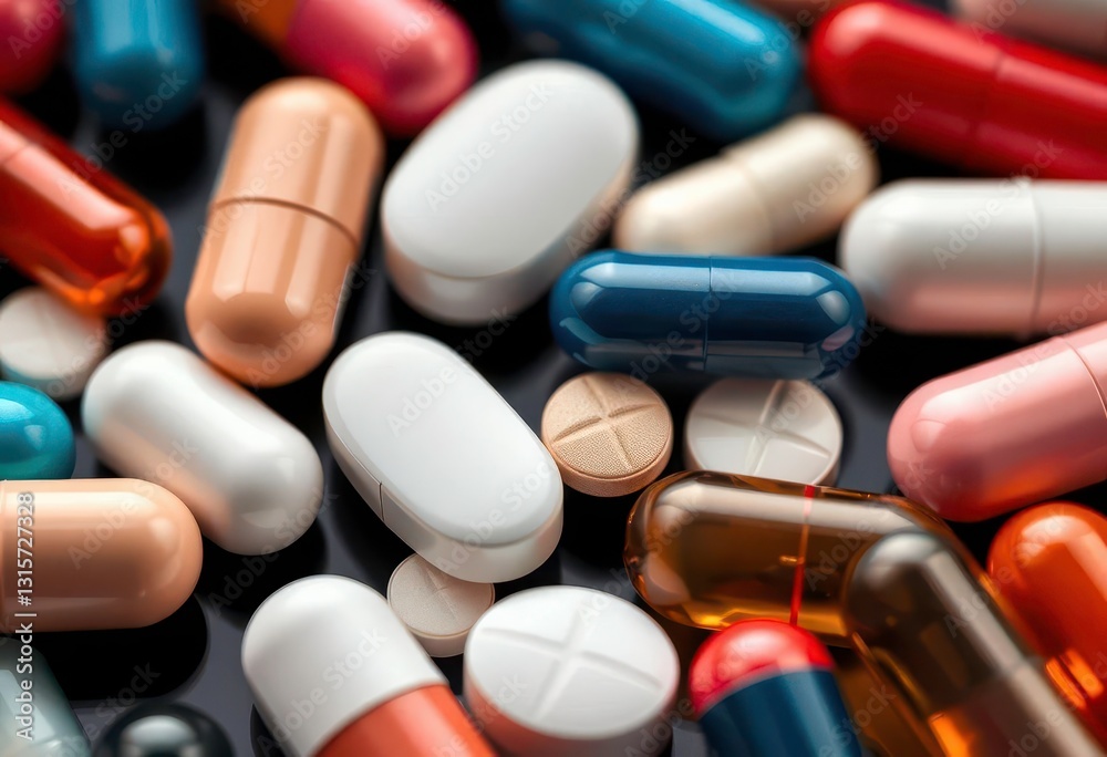 Close-up of various pills and capsules, chemical formula displayed, wellness, dosage Close-up of various pills and capsules, chemical formula displayed, wellness, dosage