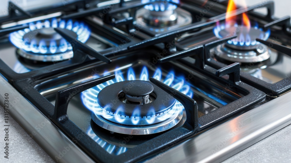 Gas flame burning on stove top against white background in modern kitchen setting Gas flame burning on stove top against white background in modern kitchen setting