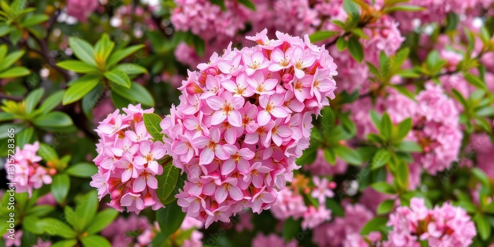 Clusters of delicate pink blossoms, vibrant green foliage, bloom, spring Clusters of delicate pink blossoms, vibrant green foliage, bloom, spring