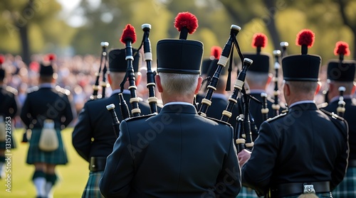 Rear view of kilted bagpipe players marching in unison at a public gathering, showcasing Scottish culture, traditional dress, and live music performance in open air


