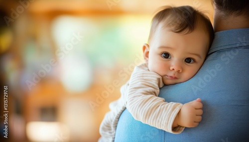 Adorable Baby Held on Fathers Shoulder, Babyblue Shirt, Family Love Indoors