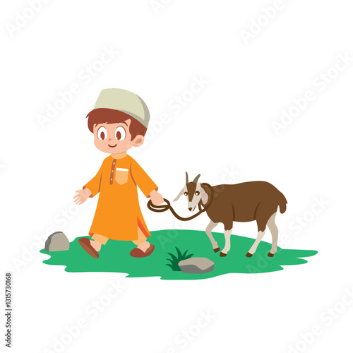 Muslim Boy Leading a Goat for Eid al-Adha