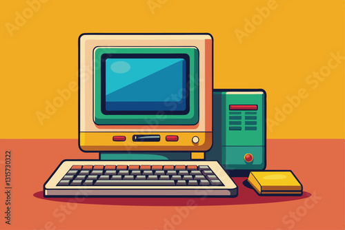 A vibrant retro computer setup with a customized monitor, keyboard, and compact tower on a flat table, Retro computer Customizable Flat Illustration