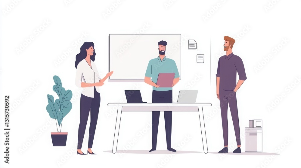Business team working together around a table with laptops and a whiteboard in a bright office Business team working together around a table with laptops and a whiteboard in a bright office