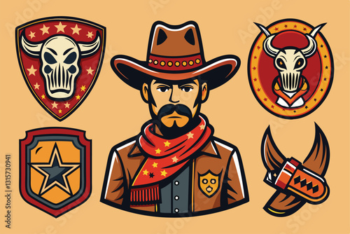 This retro sticker set showcases classic cowboy motifs with unique western characters and symbols, Retro cowboy stickers set,