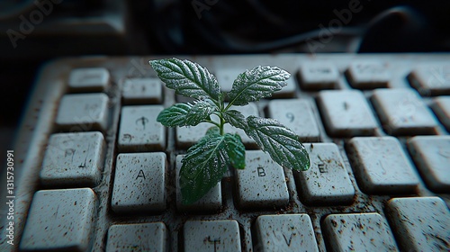Small plant on dusty keyboard