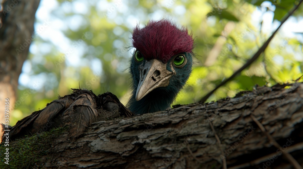 Fototapeta premium Surreal Crane Bird Portrait AI Art Vibrant Colors Green Eyes Forest Background