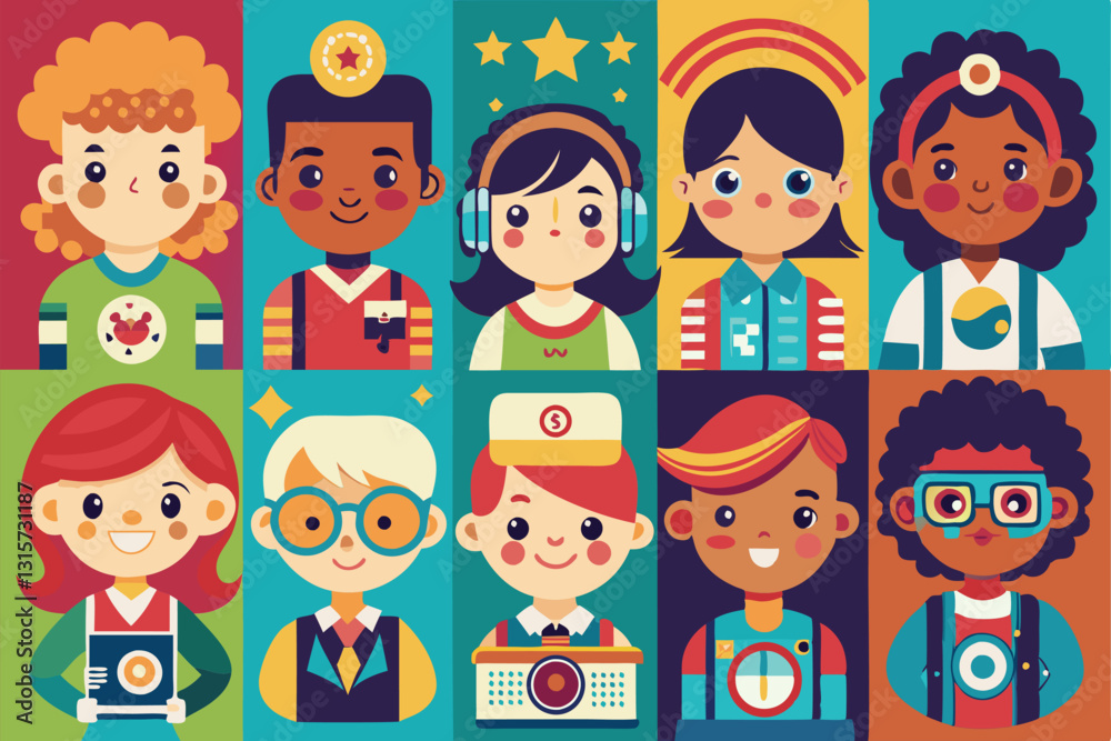 A vibrant display of multiethnic boys and girls in retro styles, showcasing their unique personalities and friendship, Retro icons with multiethnic boys and girls preschoolers or teenagers, A vibrant display of multiethnic boys and girls in retro styles, showcasing their unique personalities and friendship, Retro icons with multiethnic boys and girls preschoolers or teenagers,