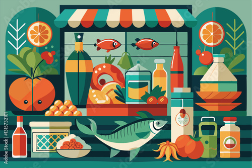 A colorful seafood stand showcases fresh, organic products amid lively market activity, Retro seafood and organic product,