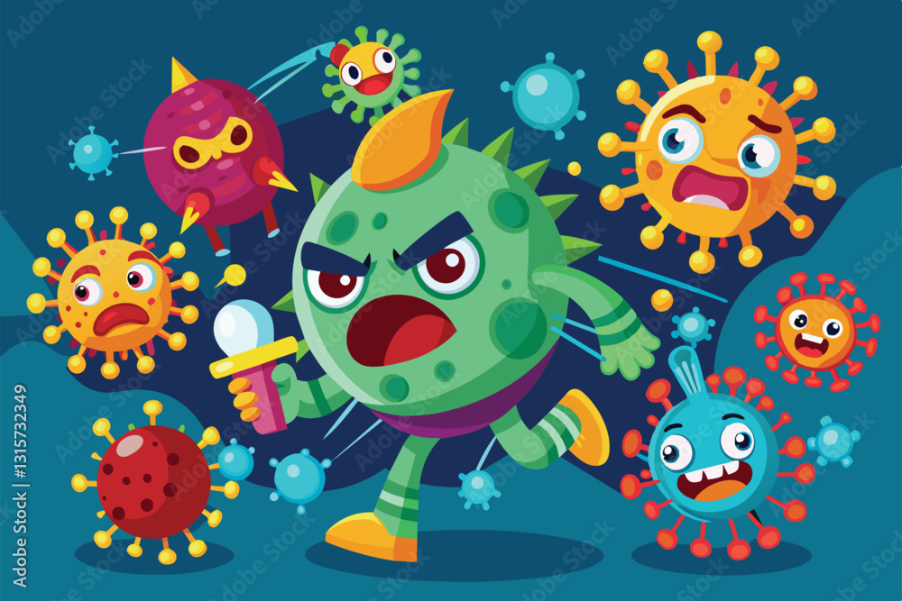 A playful illustration features customizable retroviruses engaged in a vibrant, animated chase, Retroviruses Customizable Cartoon Illustration A playful illustration features customizable retroviruses engaged in a vibrant, animated chase, Retroviruses Customizable Cartoon Illustration