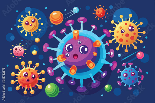 Cartoon-style retroviruses are shown interacting in a playful, colorful environment with various shapes and sizes, Retroviruses Customizable Disproportionate Illustration