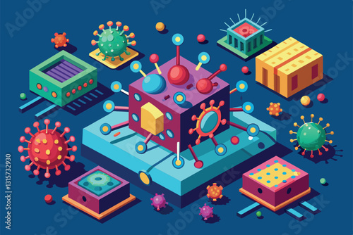 Colorful retrovirus structures are arranged in an isometric view, showcasing their unique characteristics, Retroviruses Customizable Isometric Illustration