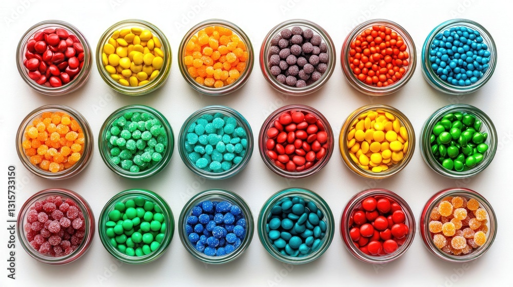 Colorful Variety of Candies in Round Jars Arranged in a Grid Pattern on a Bright Background Colorful Variety of Candies in Round Jars Arranged in a Grid Pattern on a Bright Background
