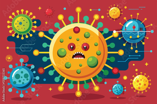 A colorful representation of retroviruses surrounded by various virus designs, showcasing artistic creativity, Retroviruses Customizable Semi Flat Illustration