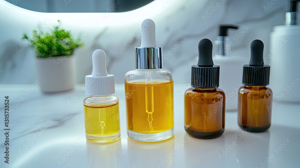 Collection of Skincare Serum Bottles with Golden and Amber Oils on Minimalist Bathroom Countertop with Reflective Surface and Green Plant Accents Collection of Skincare Serum Bottles with Golden and Amber Oils on Minimalist Bathroom Countertop with Reflective Surface and Green Plant Accents