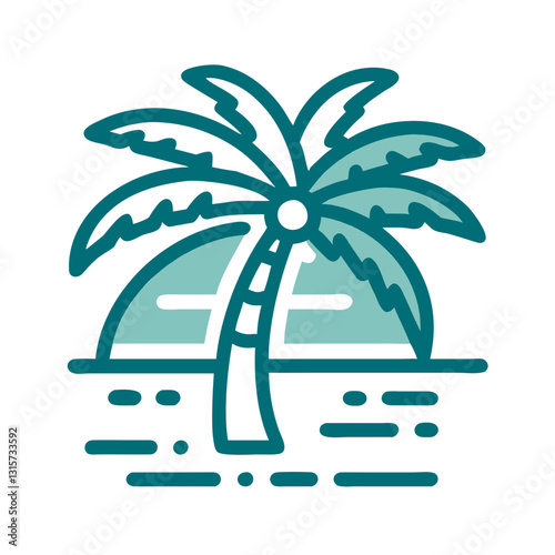 Vector palm tree with sunset icon, clean straight lines, minimalistic tropical beach design